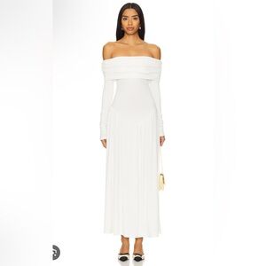 Off Shoulder Ruched Midi Dress in Ivory